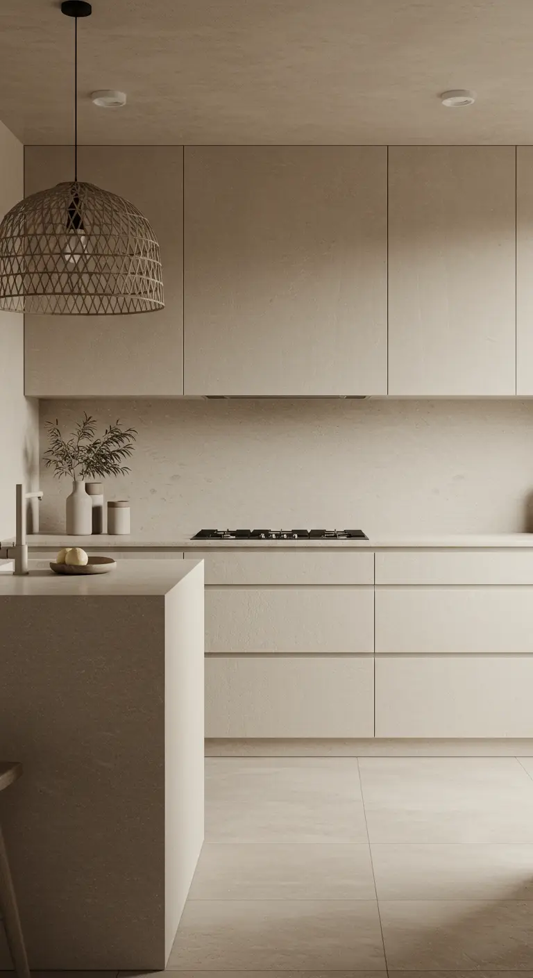Cocina minimalista monocromática en tonos beige con lámpara de ratán.
