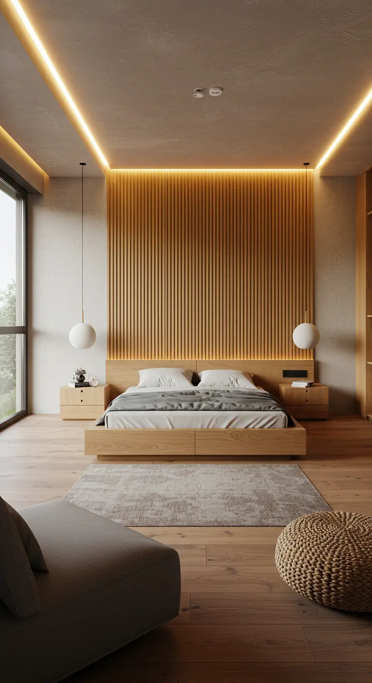 Dormitorio de estilo Japandi con pared de listones de madera y luces LED en el techo.