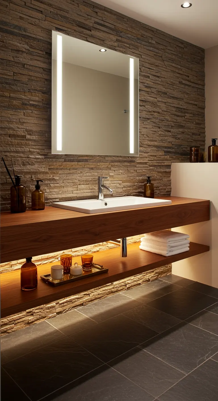Mueble de baño de madera con una tira de luz LED solar cálida iluminando el estante inferior.