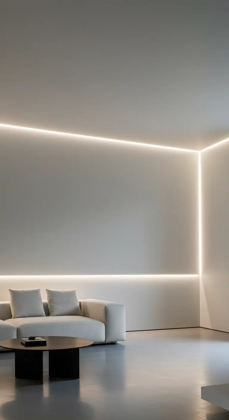 Sala de estar minimalista con iluminación LED indirecta oculta en las fosas del techo.