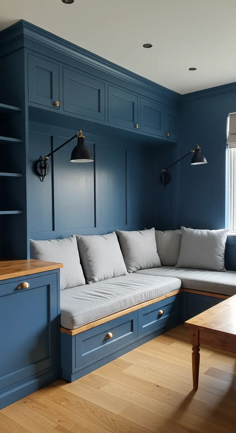 Rincón de salón con un banco esquinero de madera azul hecho a medida con almacenaje.