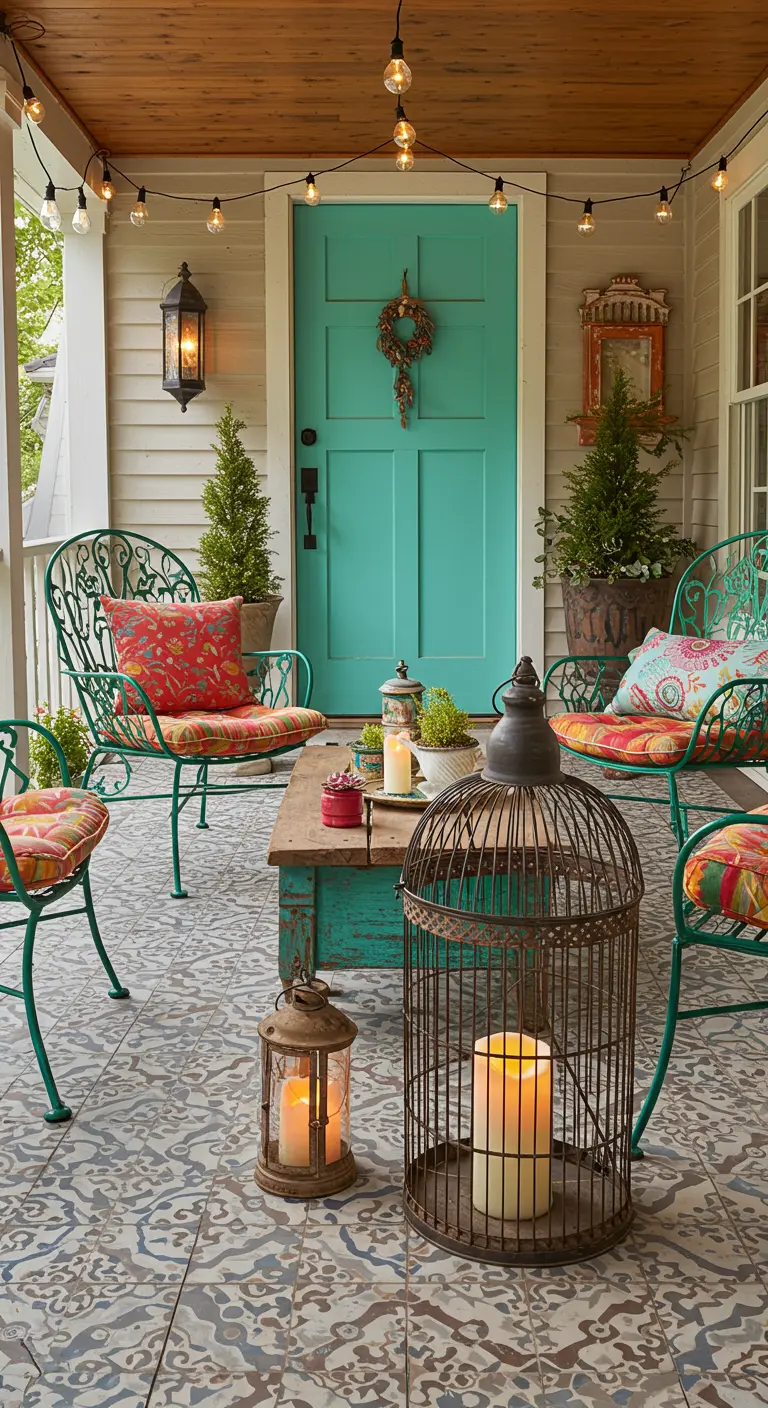Porche colorido con muebles de hierro turquesa, cojines estampados y una gran jaula como farol.