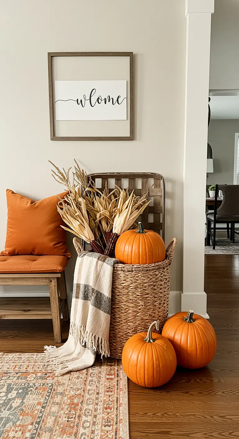 Rincón de entrada con un banco, cojín naranja, cesta con maíz seco y calabazas.