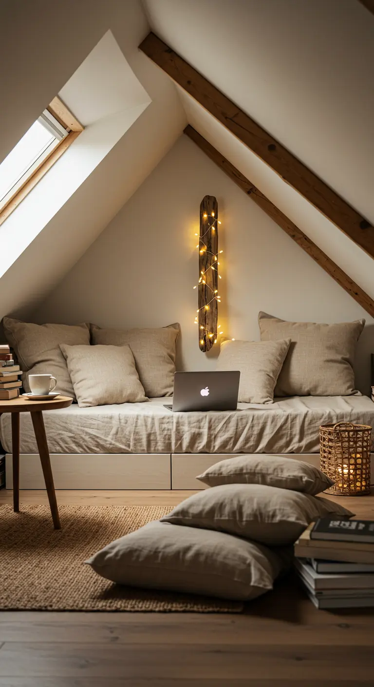 Rincón de lectura en un ático con sofá-cama, cojines de lino y luces en una rama.