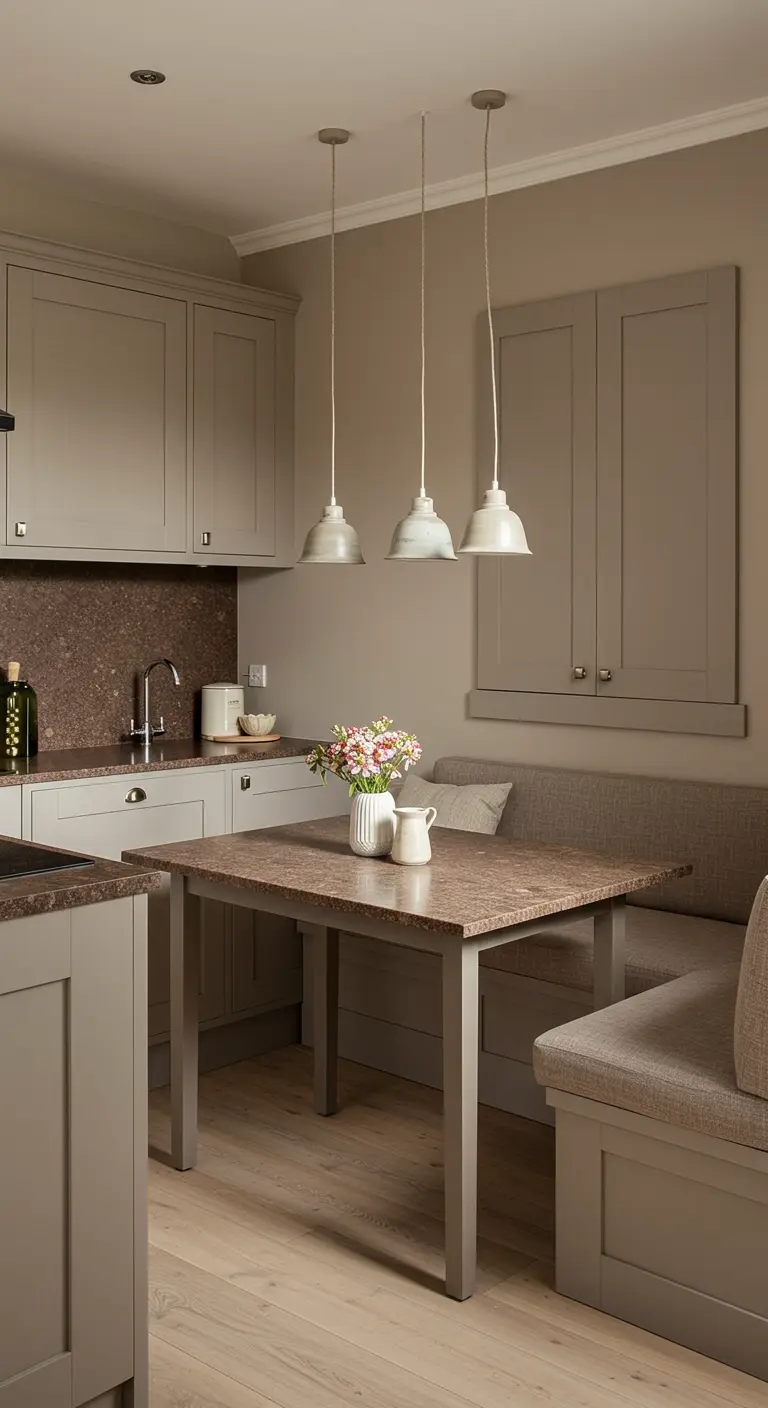 Cocina con comedor integrado con un banco tapizado y mesa de granito.