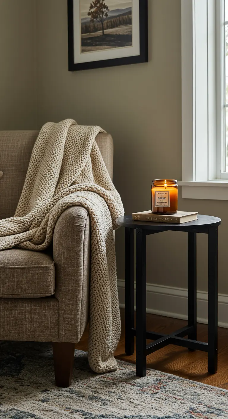 Un rincón acogedor con un sillón, una manta de punto y una vela encendida en una mesita.