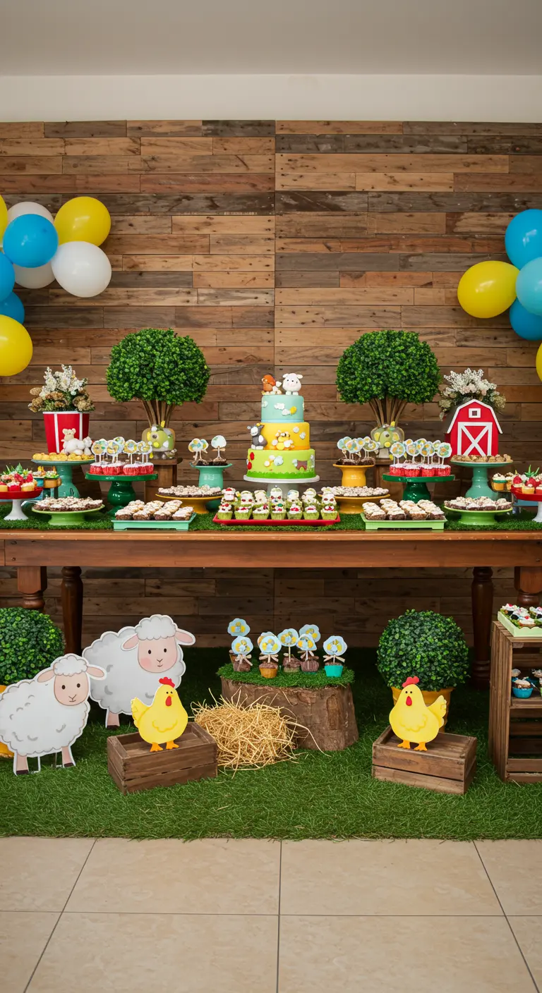 Mesa de dulces con temática de granja frente a una pared de madera rústica.