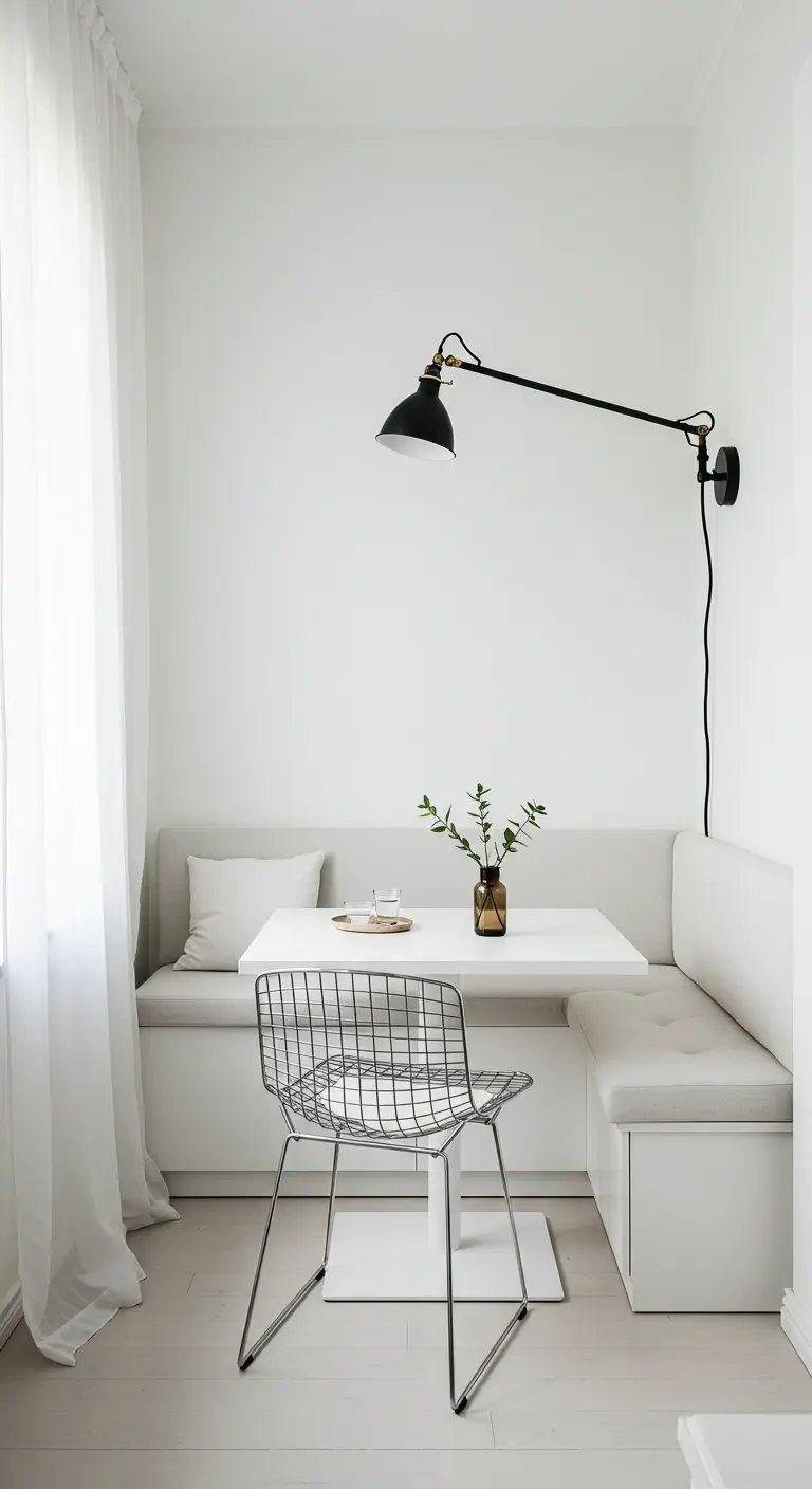 Pequeño rincón de comedor con banco esquinero blanco, silla de rejilla y lámpara de pared negra.