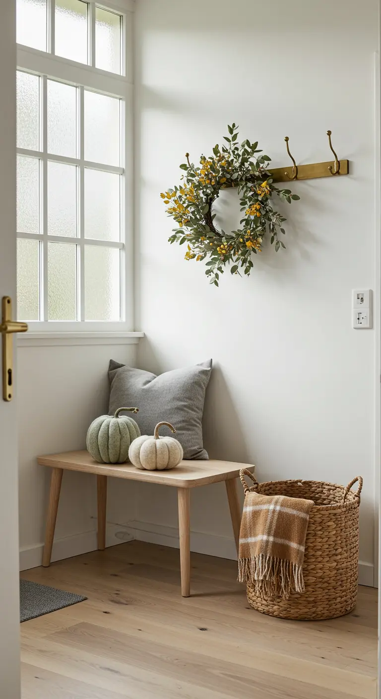 Rincón de entrada de estilo nórdico con un banco de madera, calabazas de tela y una cesta de mimbre.
