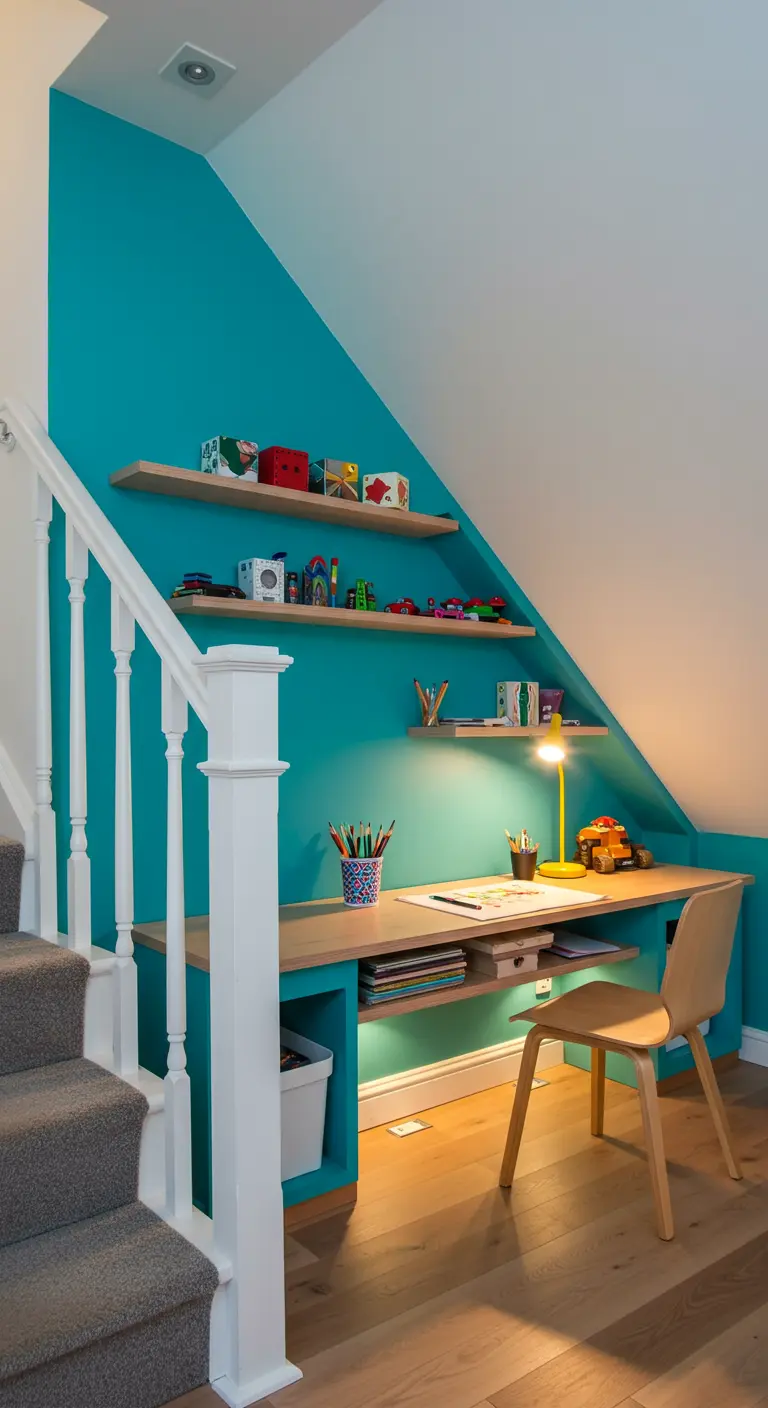 Escritorio y zona de arte para niños integrado bajo el hueco de una escalera con pared turquesa.