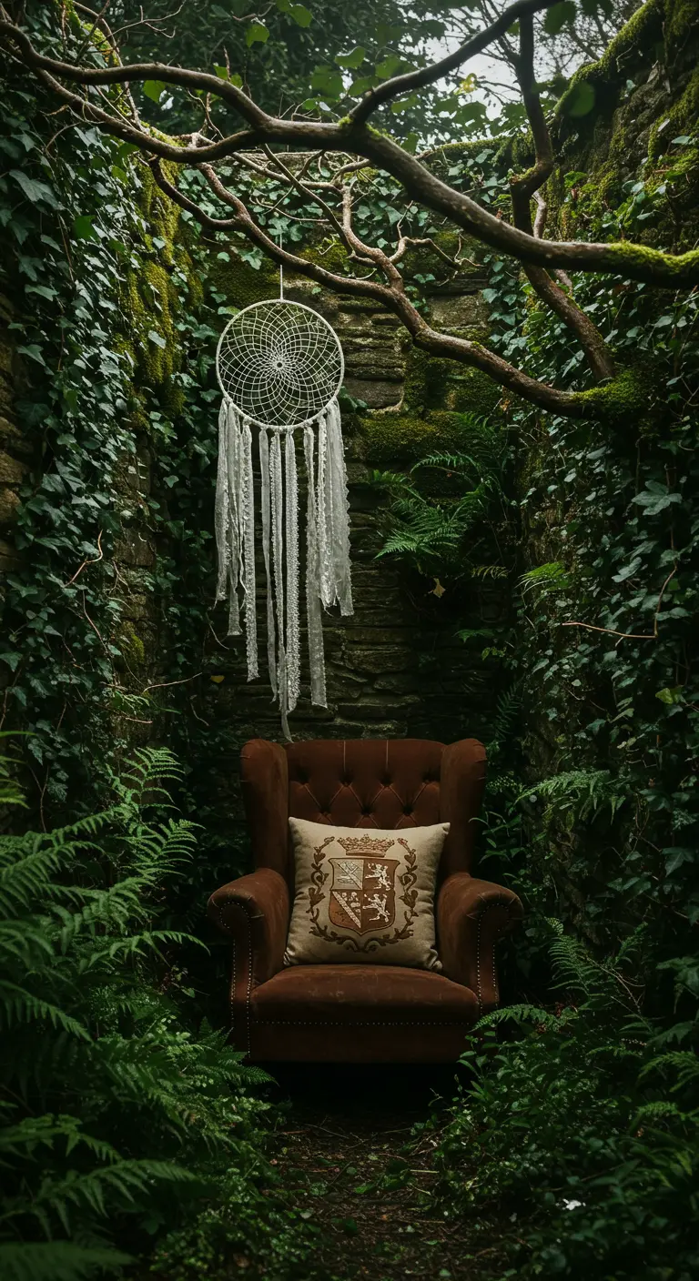 Sillón de terciopelo en un rincón de un jardín cubierto de hiedra, con un atrapasueños de encaje.