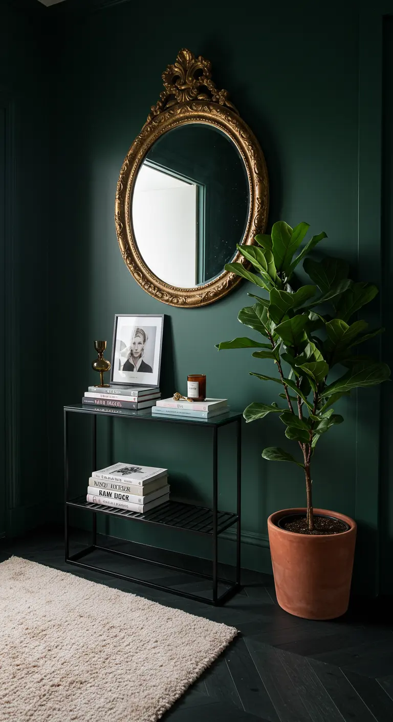 Recibidor con pared verde oscuro, espejo dorado ovalado, consola negra y una planta alta.