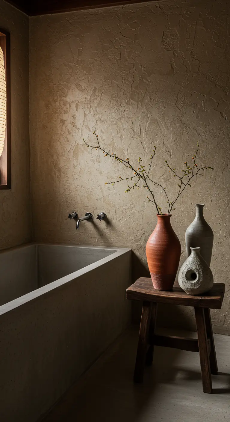 Bodegón de jarrones de cerámica artesanales en tonos tierra sobre un taburete de madera en un baño rústico.
