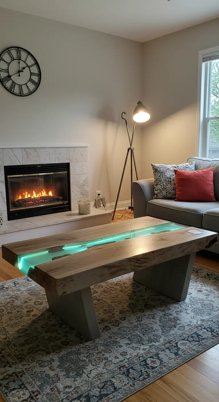 Mesa de centro de madera y hormigón con un 'río' de resina epoxi en el centro, iluminado desde abajo con luz LED turquesa.