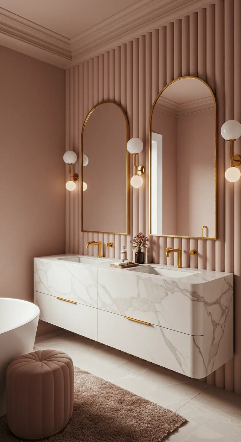 Baño de lujo con pared acanalada rosa, espejos arqueados y tocador de mármol.