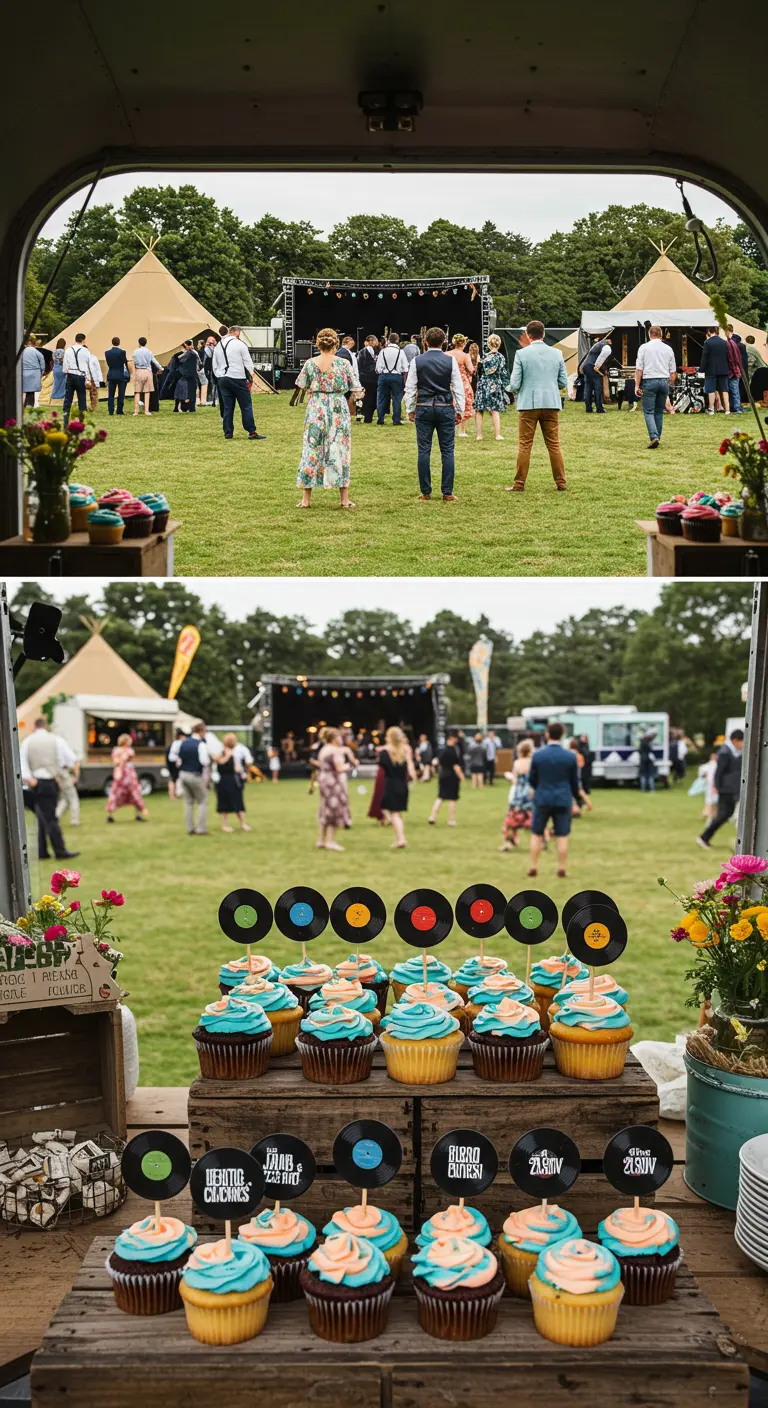 Cupcakes con toppers de discos de vinilo en una fiesta al aire libre estilo festival de música.