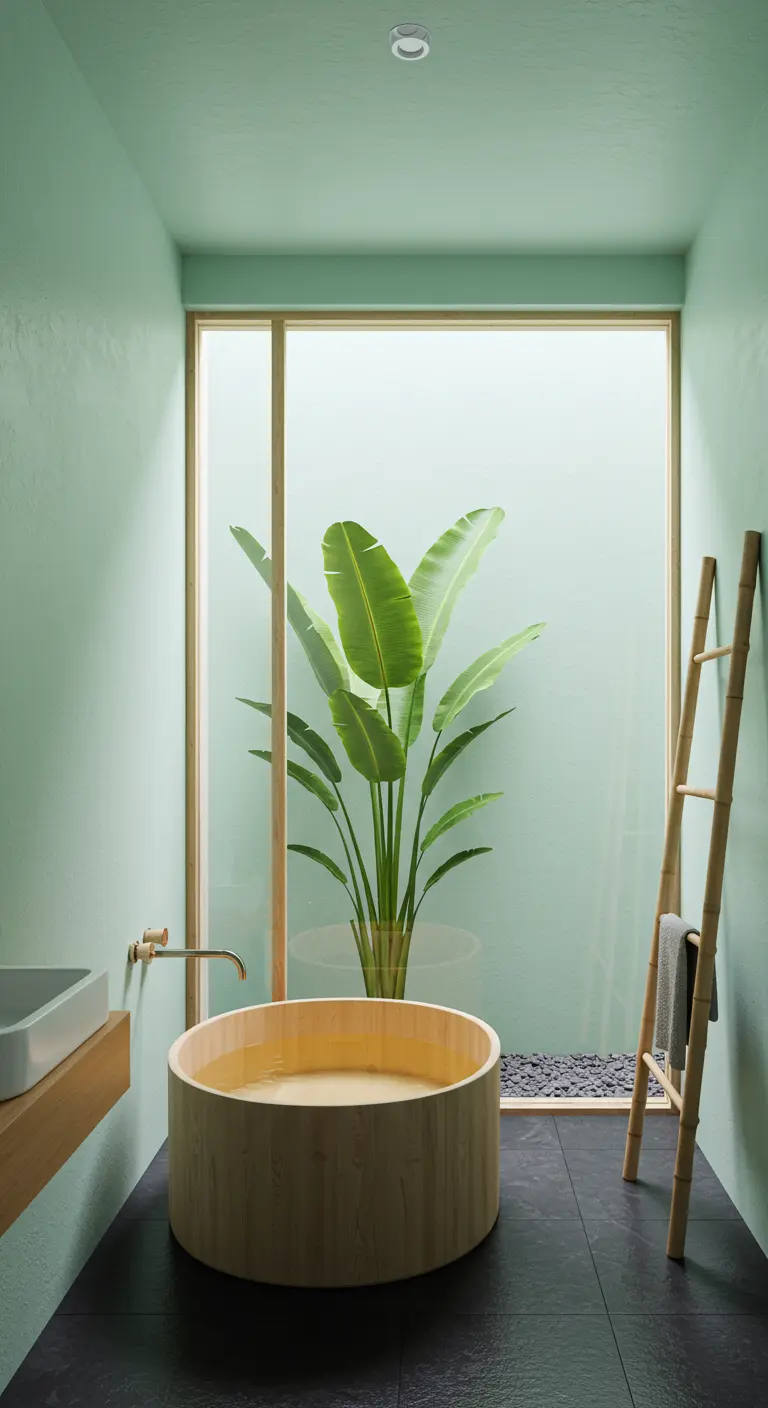 Baño minimalista con paredes verde menta y una bañera redonda de madera.