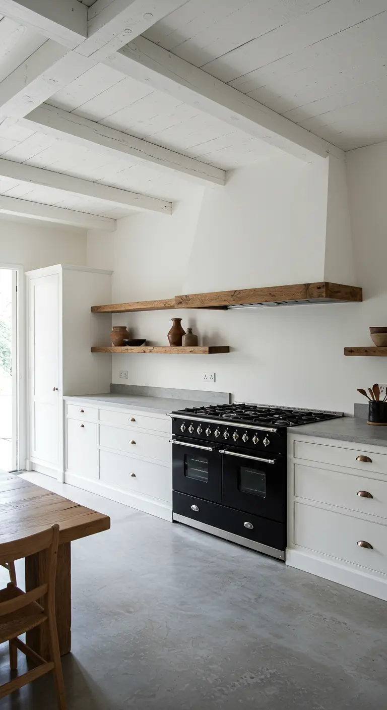Cocina minimalista blanca con baldas de madera flotantes y una cocina de gas negra.