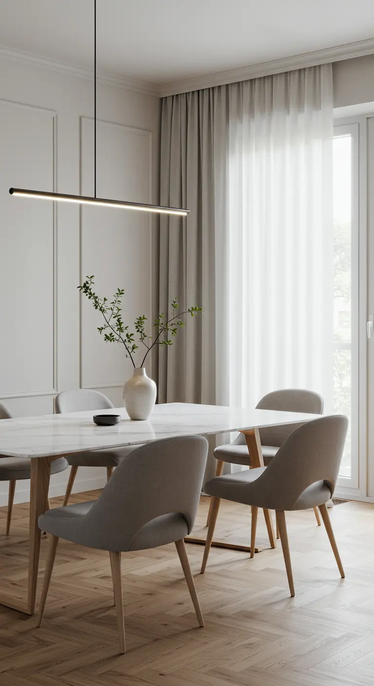 Comedor minimalista de estilo escandinavo con sillas de terciopelo gris y mesa de mármol blanco
