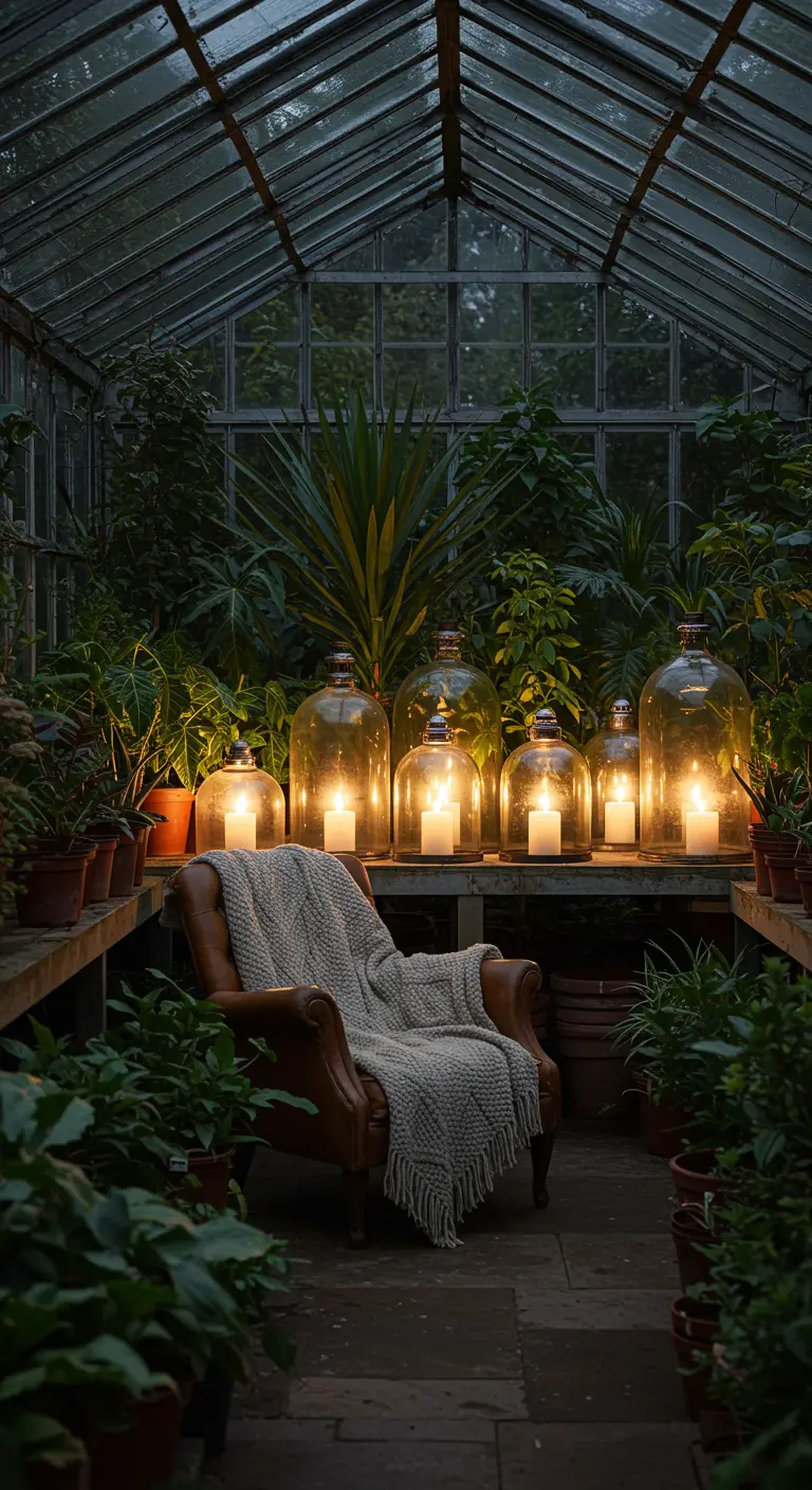 Interior de un invernadero lleno de plantas, con un sillón de cuero, una manta y velas bajo campanas de cristal.