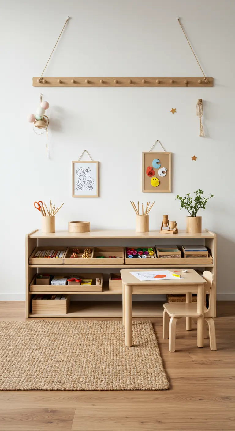 Rincón de arte de inspiración Montessori con muebles bajos de madera natural y materiales a la vista.