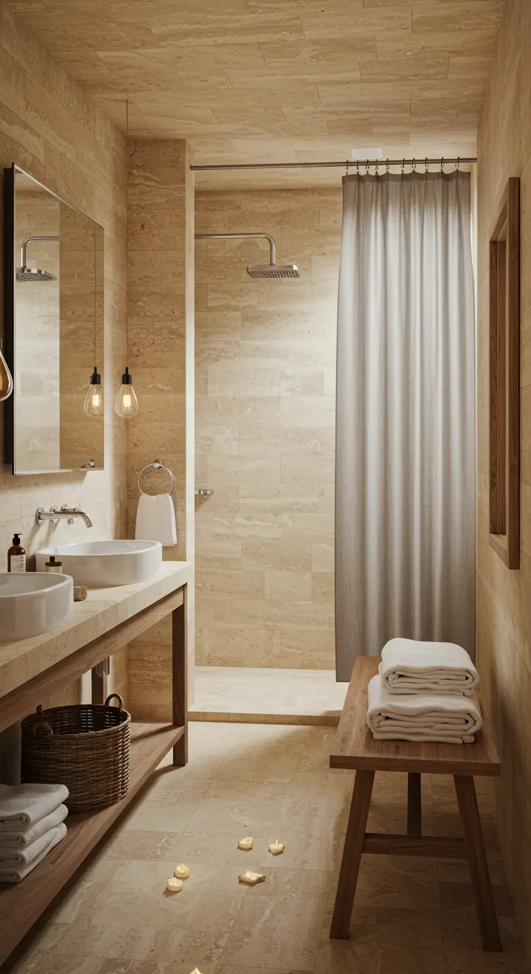 Baño tipo spa con baldosas de travertino, ducha a ras de suelo y banco de madera.
