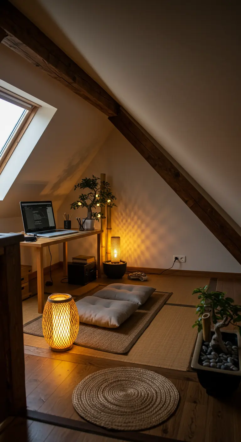 Espacio de trabajo de inspiración zen en ático con cojines en el suelo, bonsáis y lámparas.