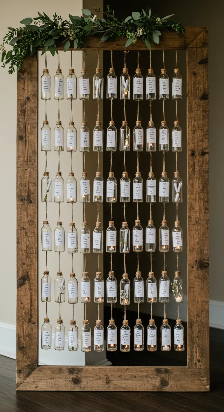Plan de asientos de boda hecho con pequeñas botellas de vidrio colgando en un marco de madera.