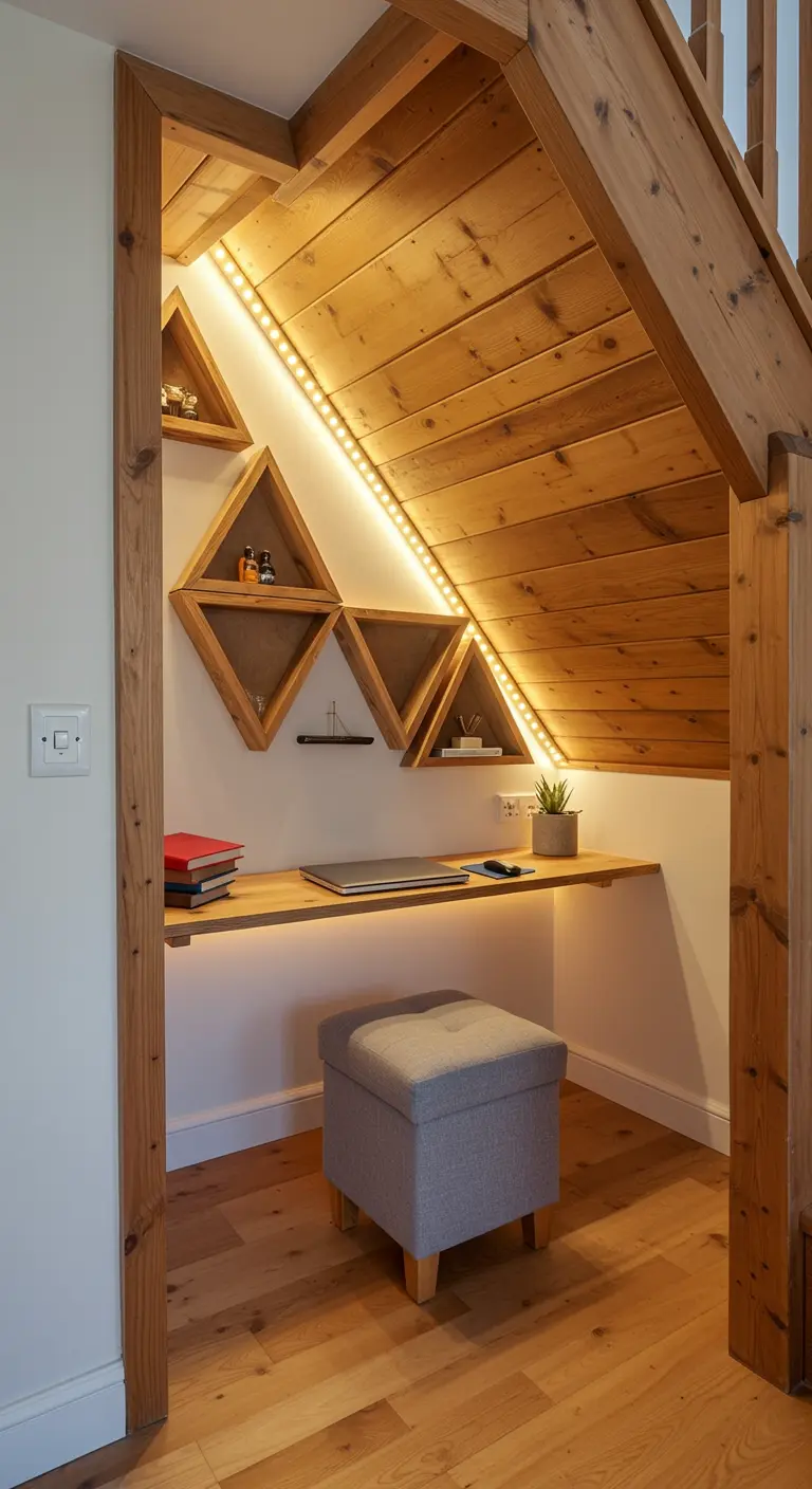 Oficina compacta y moderna bajo una escalera de madera, con iluminación LED integrada.