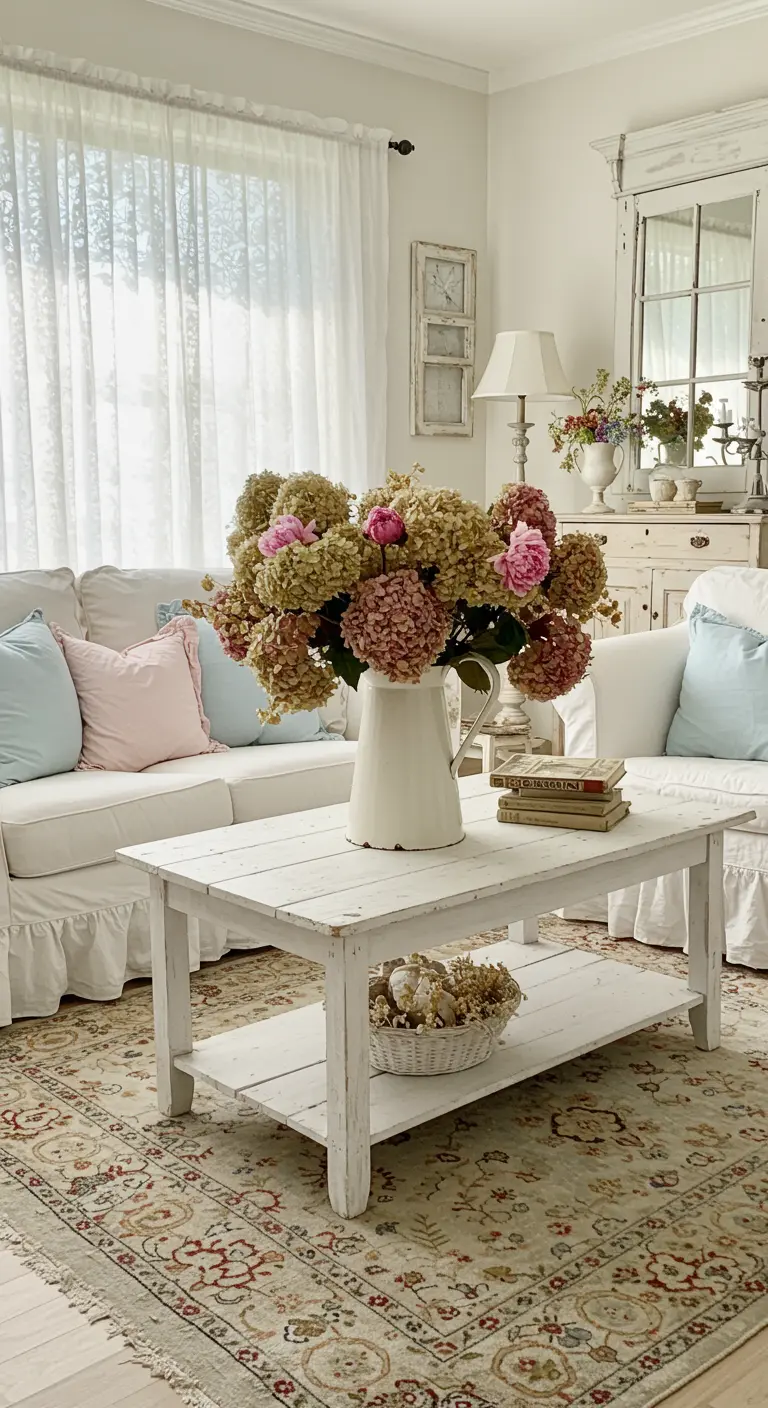 Sala shabby chic con sofá blanco, cojines pastel y un gran jarrón de hortensias secas en la mesa