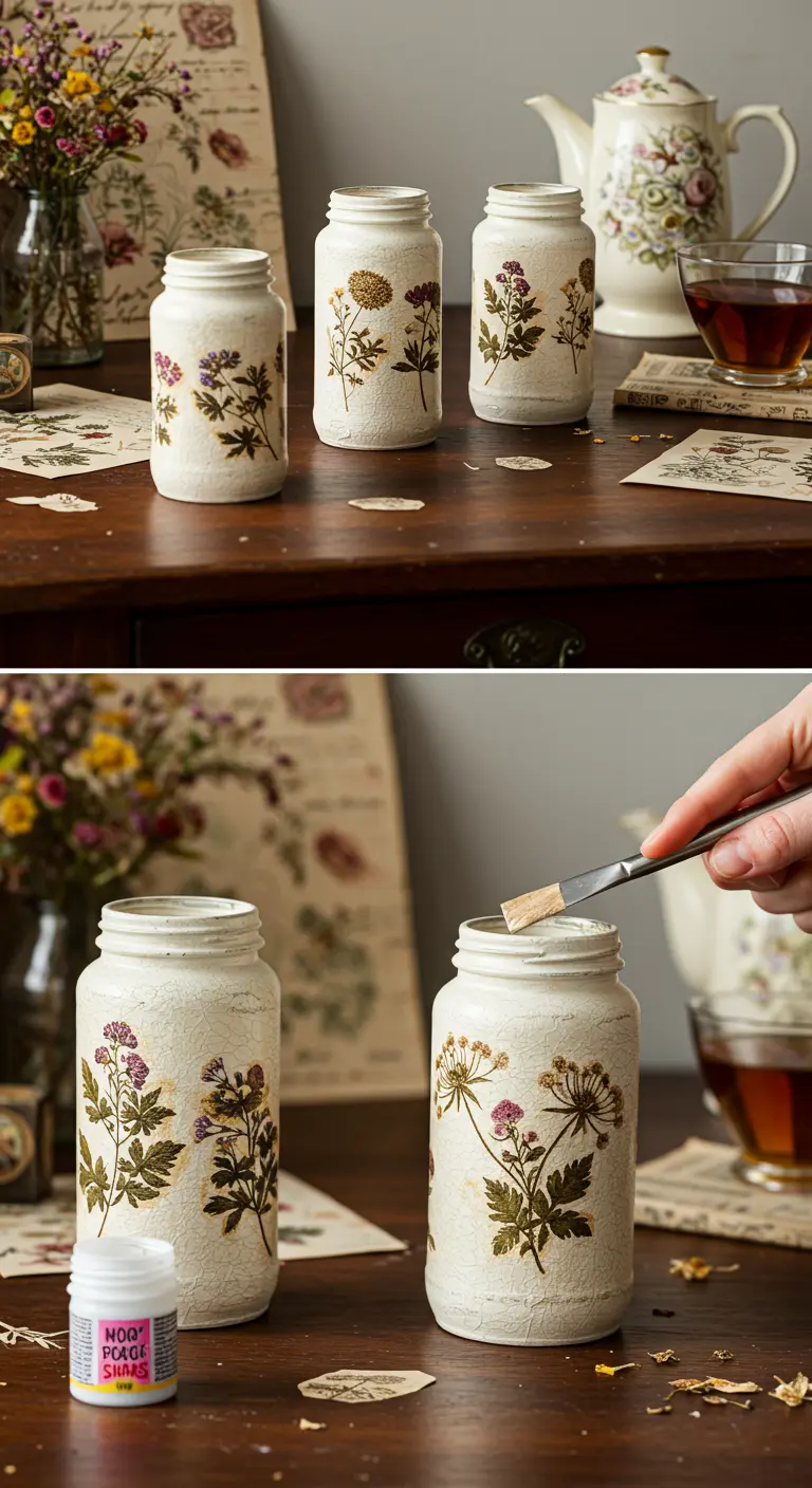 Frascos de color hueso con un acabado de pintura craquelada y decorados con ilustraciones botánicas vintage.