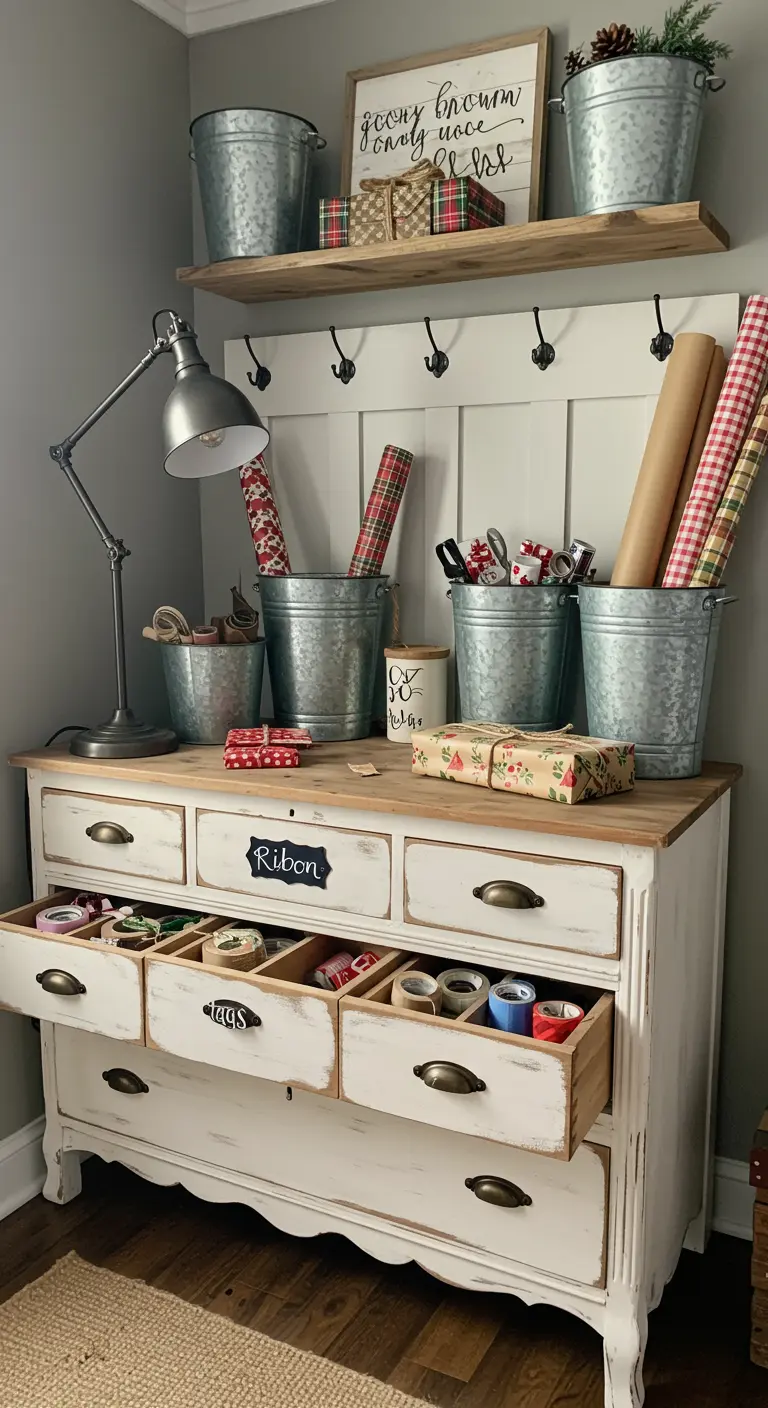 Cómoda vintage blanca con cajones etiquetados y cubos metálicos para papeles de regalo.