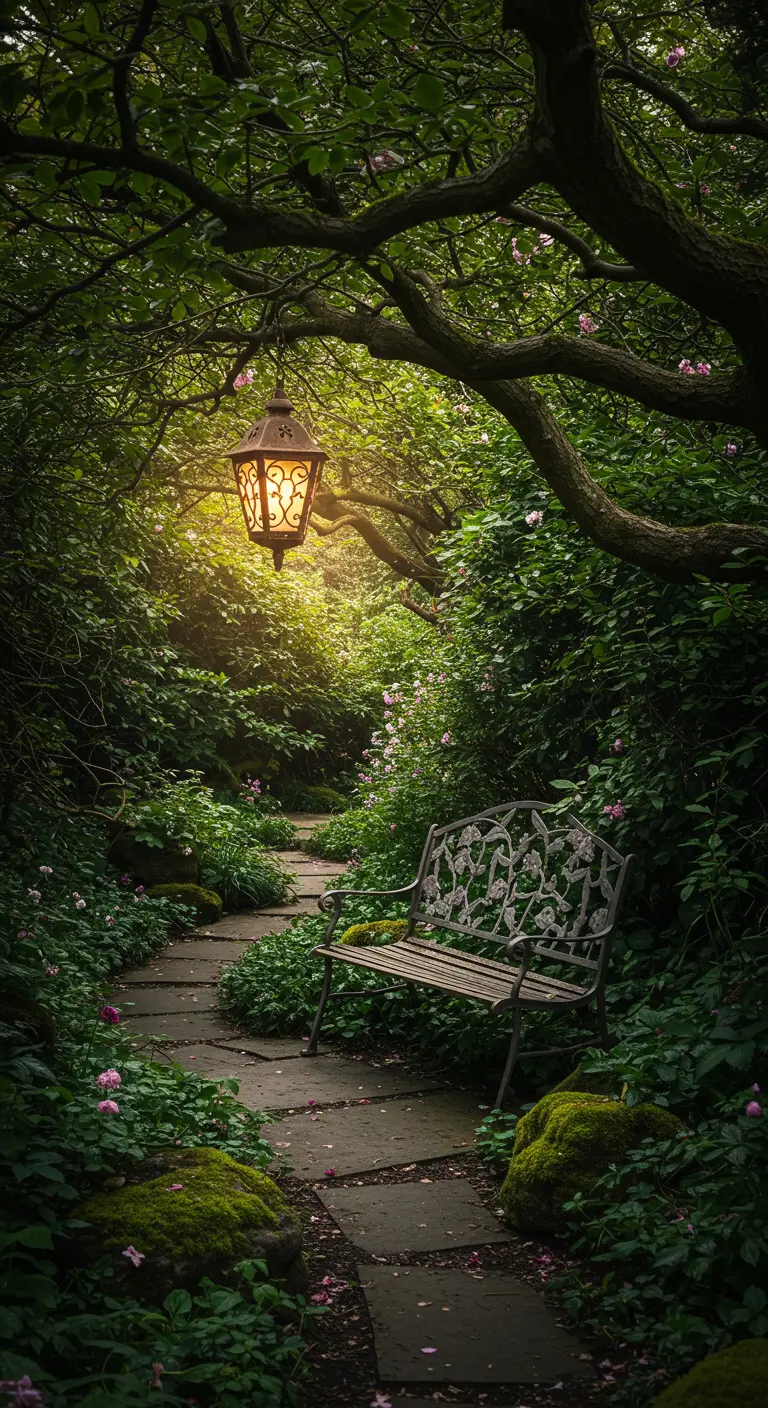 Sendero en un jardín frondoso con un banco de hierro y un farol colgando de la rama de un árbol