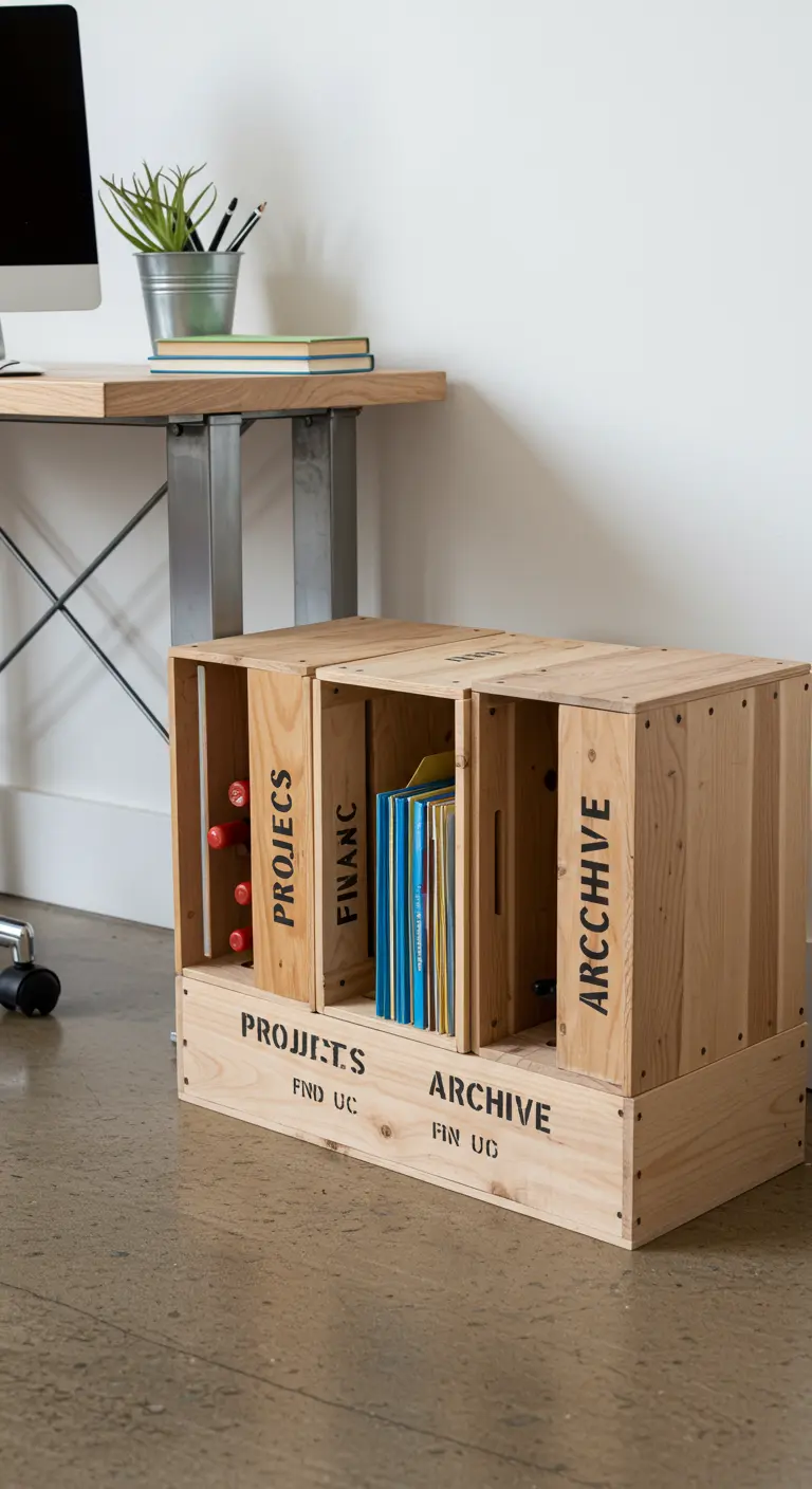 Organizador de archivos creado con varias cajas de vino de pie dentro de otra.