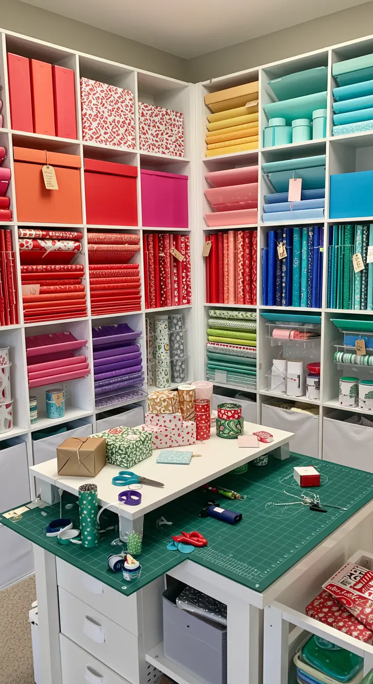 Habitación de manualidades con estanterías blancas del suelo al techo organizadas por colores.