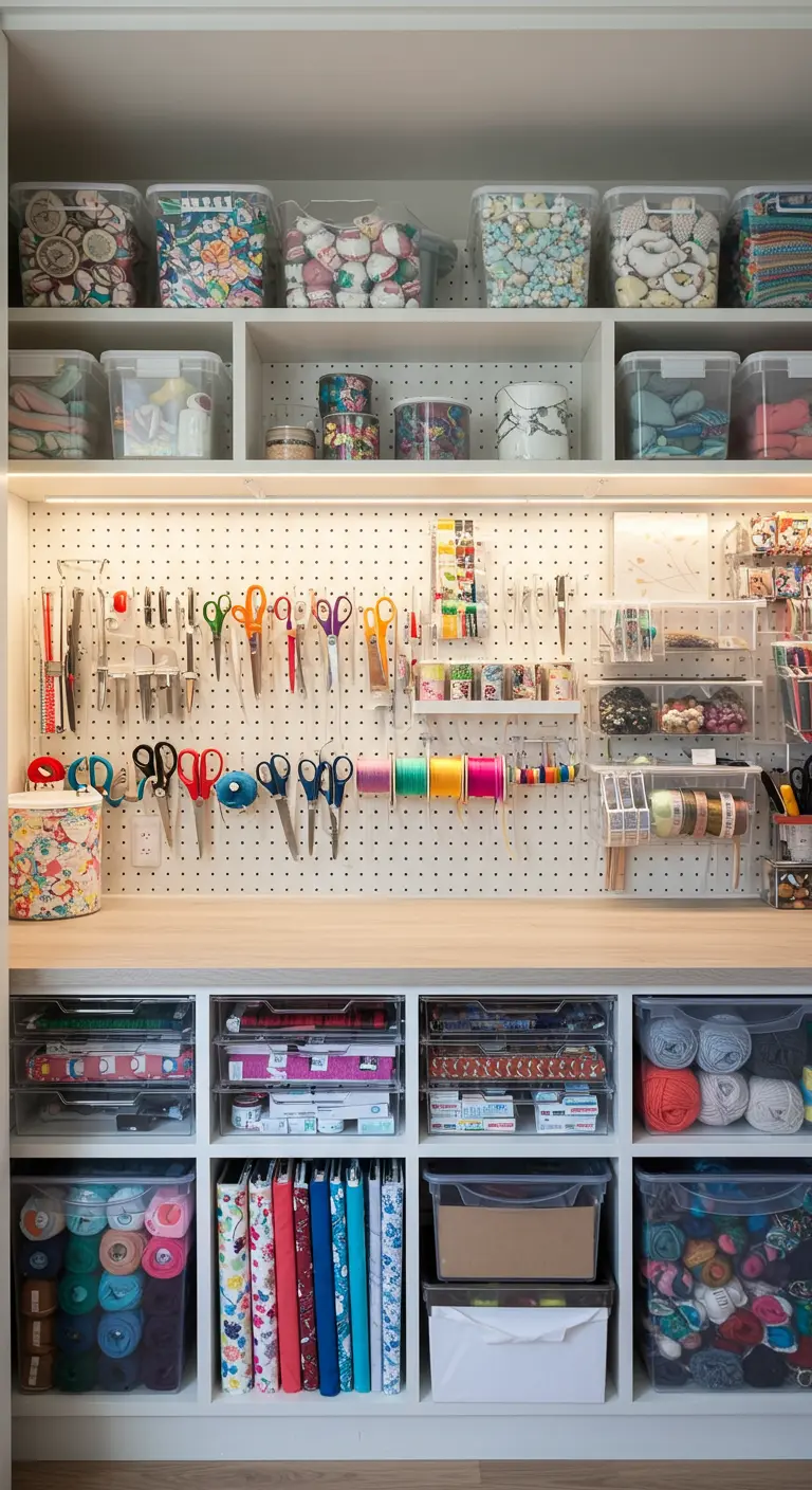Rincón de manualidades muy organizado en un armario con panel perforado y cajas transparentes.