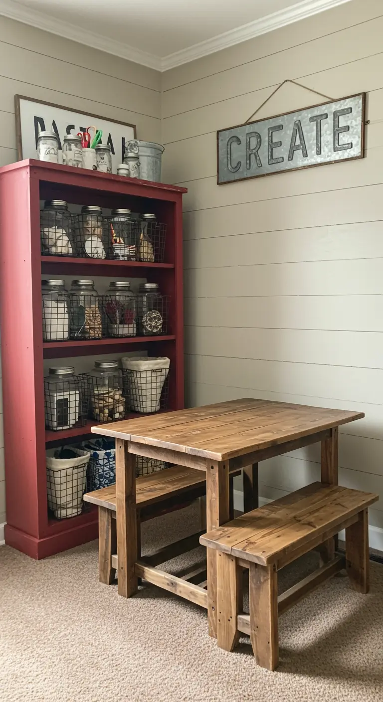 Zona de manualidades rústica con una librería roja, mesa de madera y cestas de alambre.