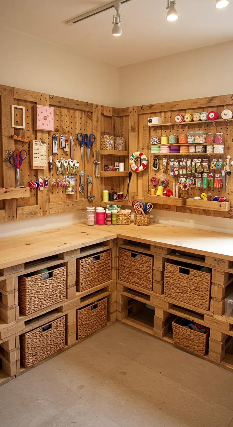 Amplia sala de manualidades con mesa y estanterías hechas de palets, organizadas con cestas.