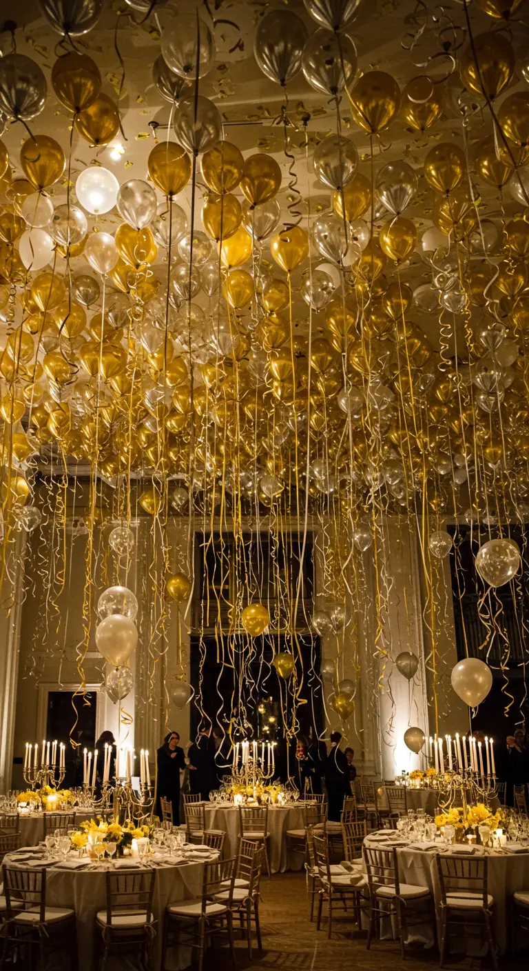 Techo completamente lleno de globos dorados y plateados con cintas colgantes.