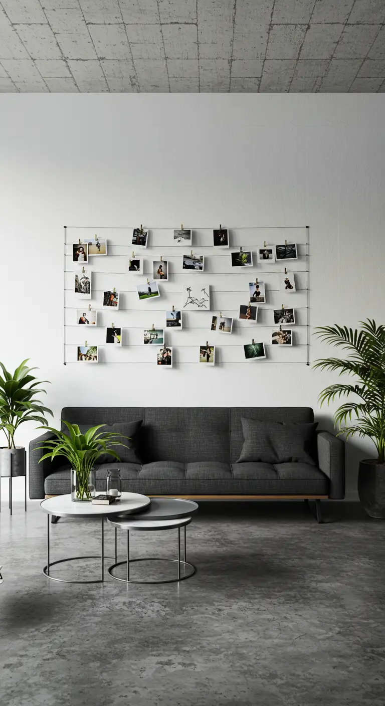 Fotos tipo polaroid colgadas con pinzas de cables de acero sobre un sofá oscuro en un loft.