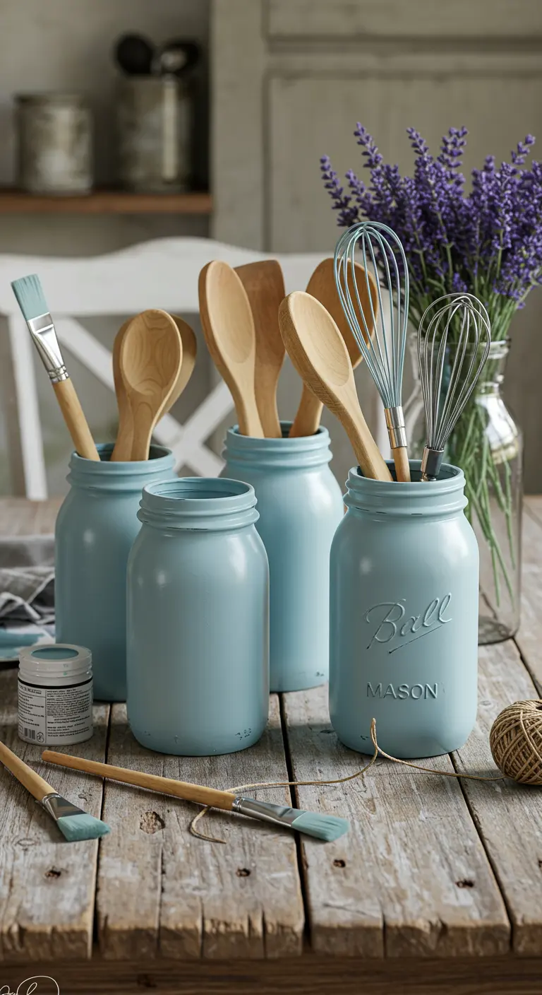 Frascos de vidrio pintados de azul claro con efecto tiza, usados como organizadores para utensilios de cocina.