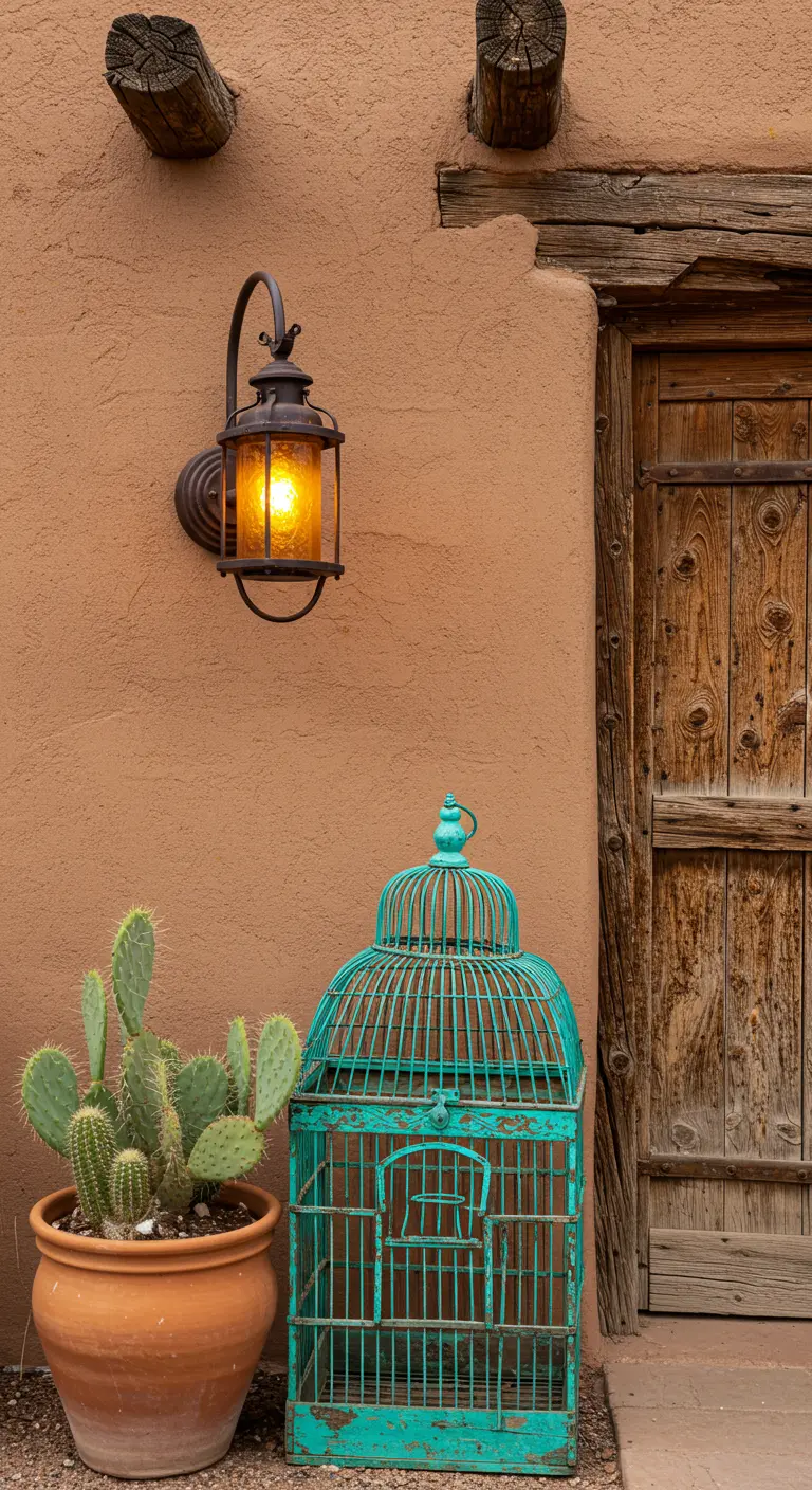Jaula de pájaros turquesa con acabado desgastado junto a un cactus en una maceta de barro.