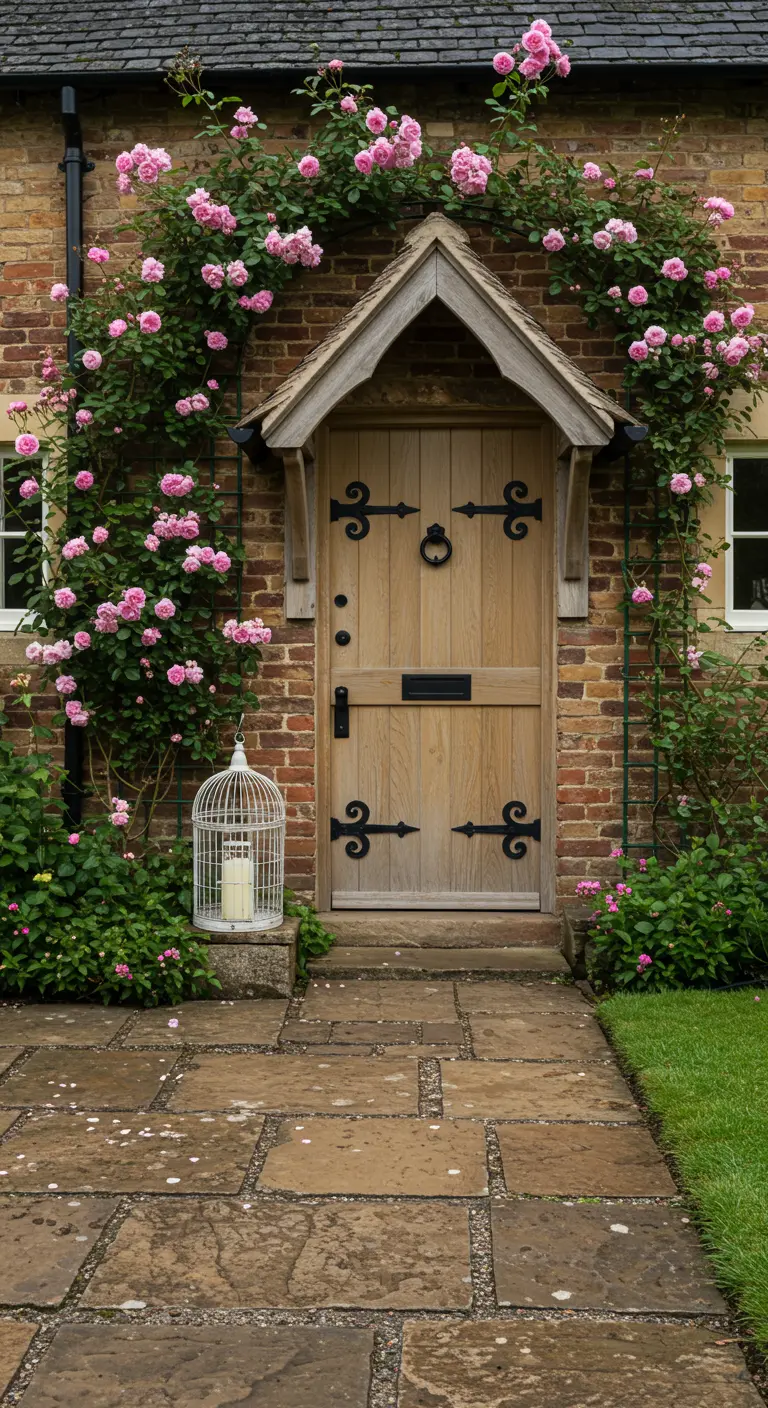 Pequeña jaula blanca con una vela en la entrada de una casa de ladrillo con rosales trepadores.