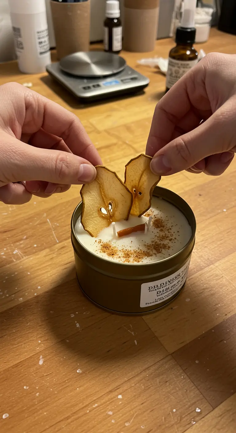 Manos colocando peras deshidratadas en una vela de cera en lata metálica.