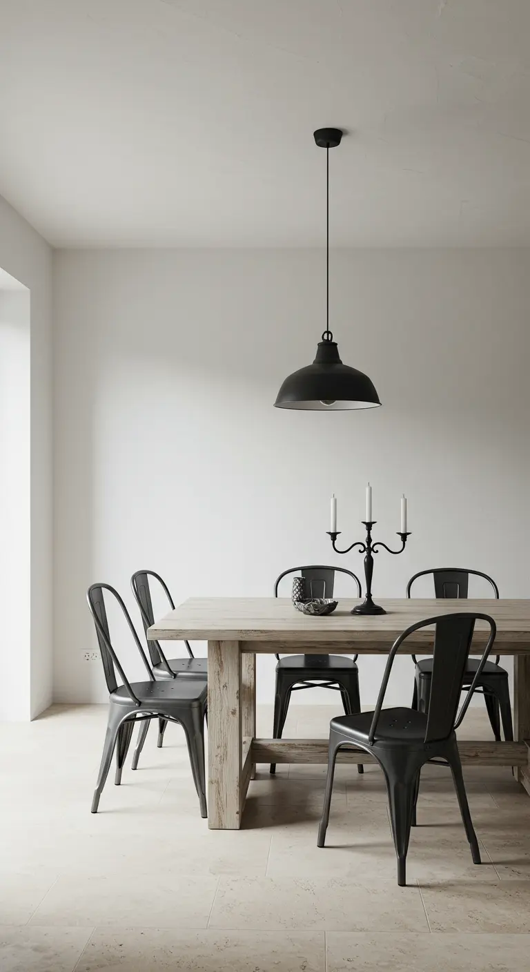 Comedor con mesa de madera rústica, sillas de metal negro y una lámpara colgante industrial.