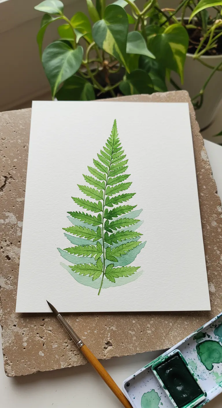 Acuarela detallada de una hoja de helecho verde sobre un fondo blanco y limpio.