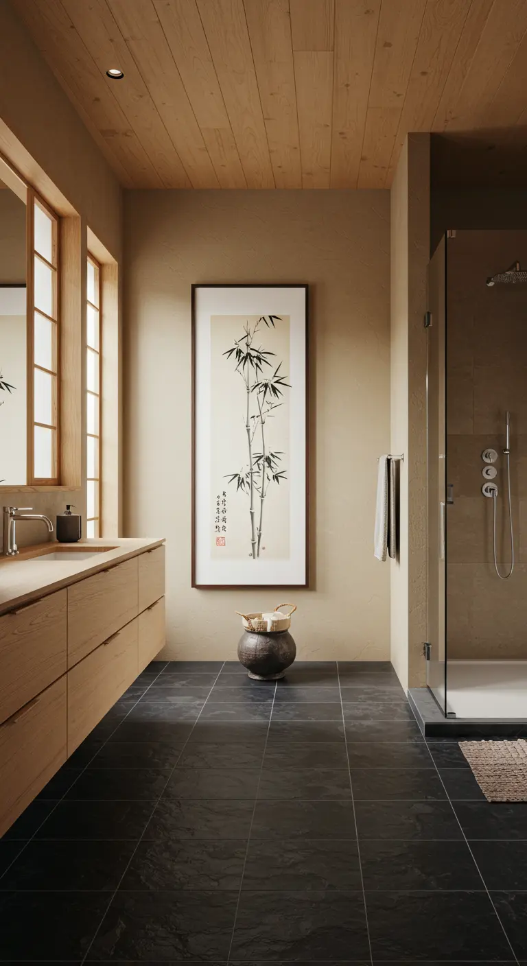 Baño de estilo japonés con un cuadro vertical de pintura de bambú y muebles de madera.