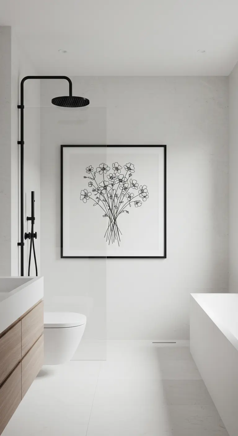 Baño minimalista en blanco y negro con un cuadro de un ramo de flores dibujado a línea.