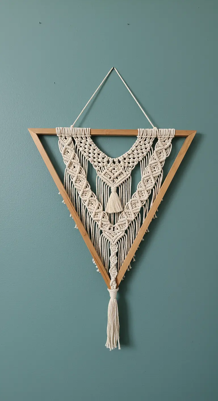 Tapiz de macramé elaborado dentro de un marco de madera triangular sobre una pared azul.