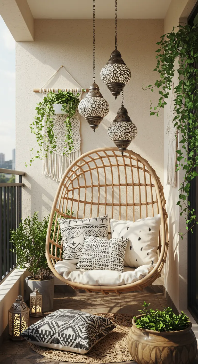 Balcón de estilo boho con una silla colgante de ratán, cojines en blanco y negro y lámparas árabes